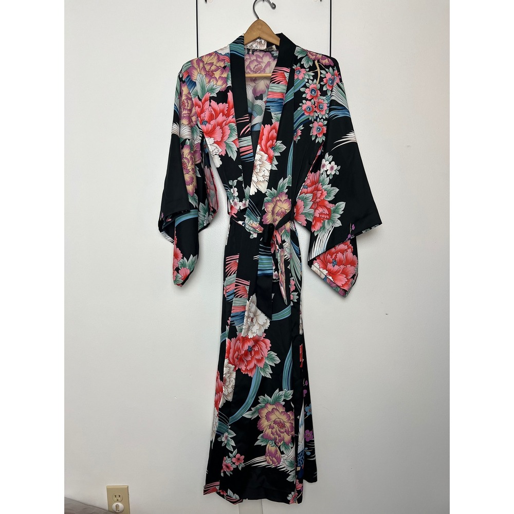 Tori Richard Vintage Floral Crane Kimono Black Satin Long Wrap Dressing Robe